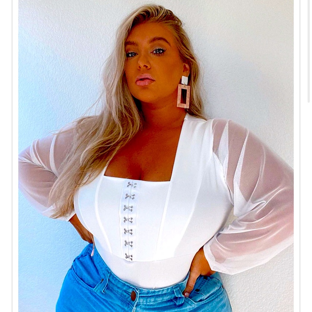 White Eyelet Detail Mesh Sleeve Bodysuit